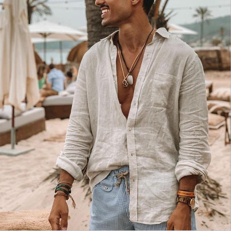 New Men's Solid Color Loose Casual Lapel Long Sleeve Cardigan Beach Shirt Men's