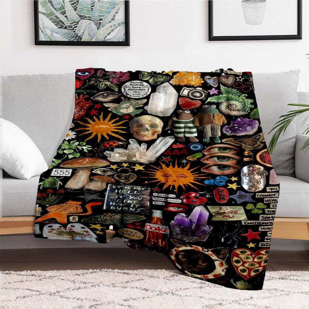 "Bohemian Vibes: Eclectic Collage Art Print"Blanket Flannel Throw Blanket for Sofa, Bed, Travel, Camping, Office
