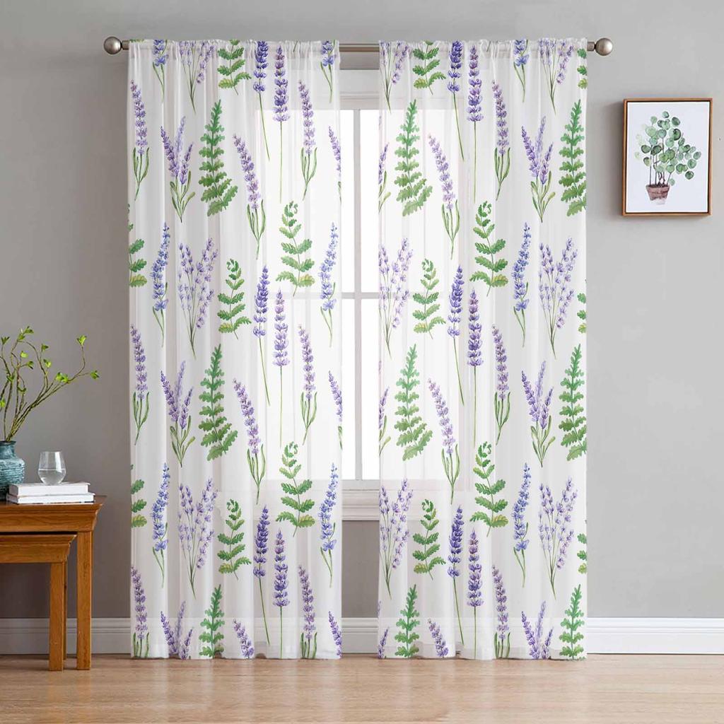 Pflanzen Lavendel Blume Lila Weiß Gardinen für Wohnzimmer Dekoration Fenster Vorhang Küche Tüll Voile Organza Vorhänge
