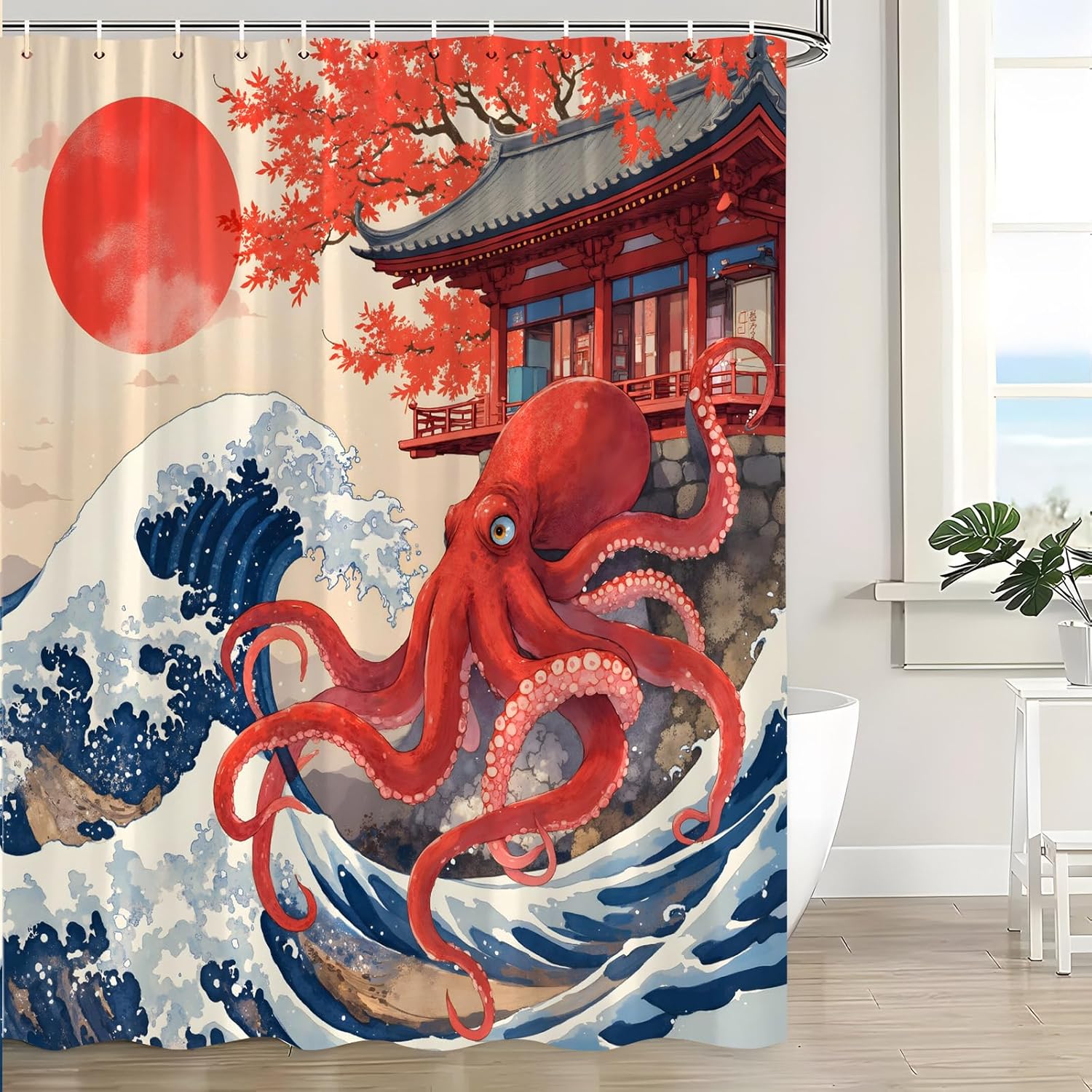 Textile Article Red/Blue Octopus Great Wave Shower Curtain Japanese Kraken Tentacles Ocean Nautical Sea Sun Cherry Blossom Marine Life Art Bath