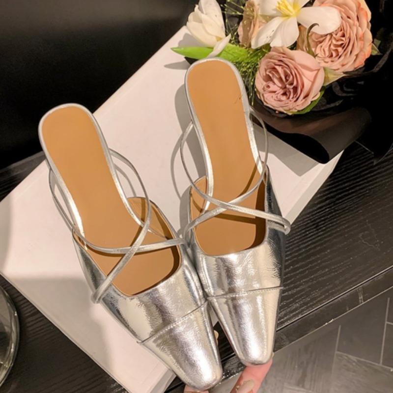 

Летний новый стиль Босоножки на тонком каблуке Женская мода Остроносые с мелким вырезом Слингбэки Нескользящие и износостойкие туфли на каблуке 39 серебряный