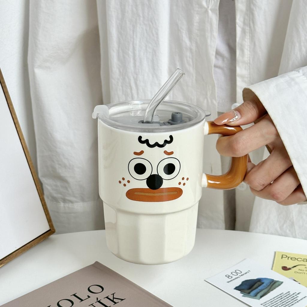 Clown Straw Cup with Lid Mug High looking Creative Ceramic Water Cup Couple Coffee Cup Activity Souvenir Gift