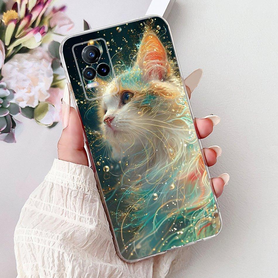 For Vivo V21e V2061 / V21 4G 5G V2050 V2066 Phone Case VivoV21e V 21 4G Elegant Floral Cat Printing Soft Silicone TPU Cases
