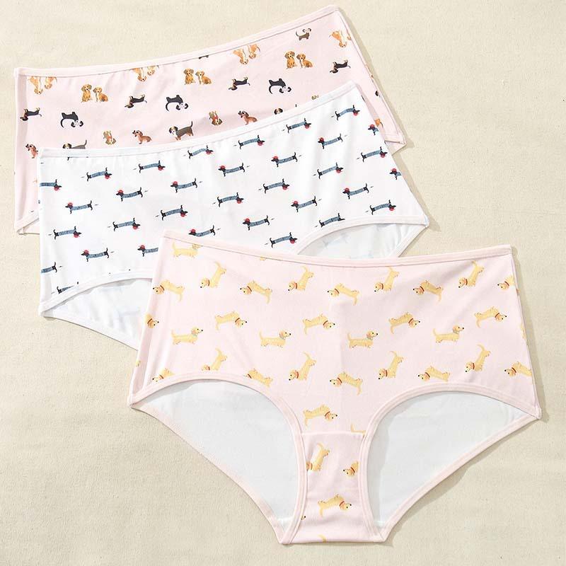 

3 шт. симпатичное женское нижнее белье из высокоэластичного хлопкового белья дышащие и быстросохнущие женские трусы утягивающее нижнее белье с рисунком щенка спортивное нижнее белье XL (80-90 kg)