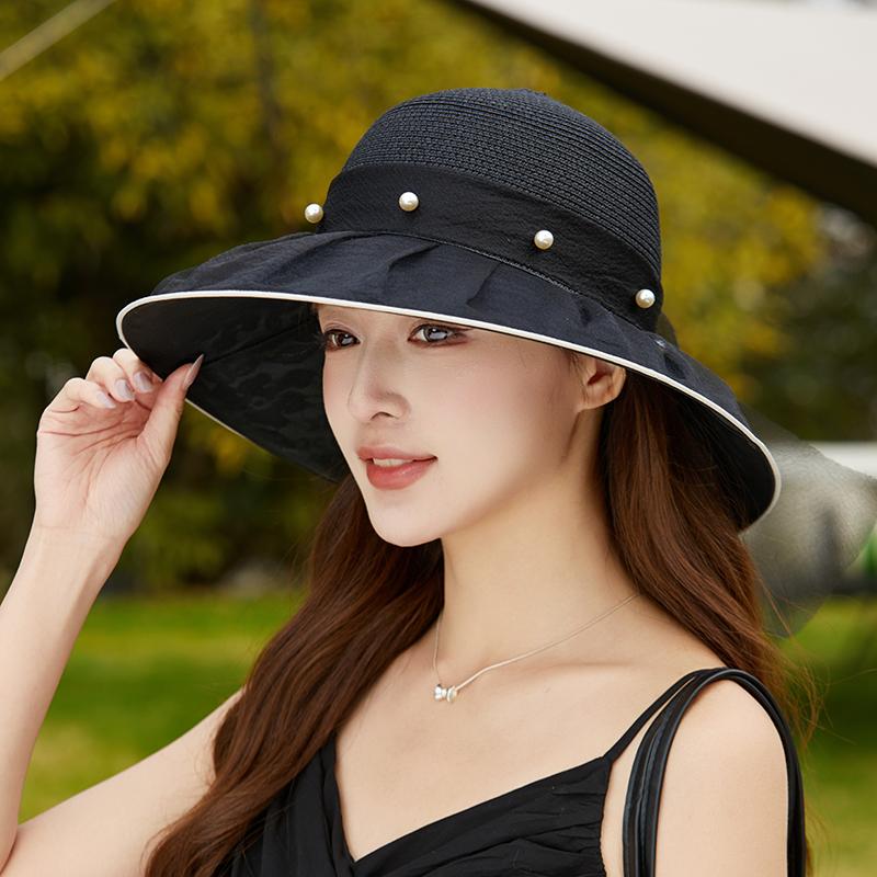 2026 New Fashion Elegant Pearl Bow Fisherman Hat Wide Brim Church Hat For Women Foldable Summer Beach Protection Sun Cap