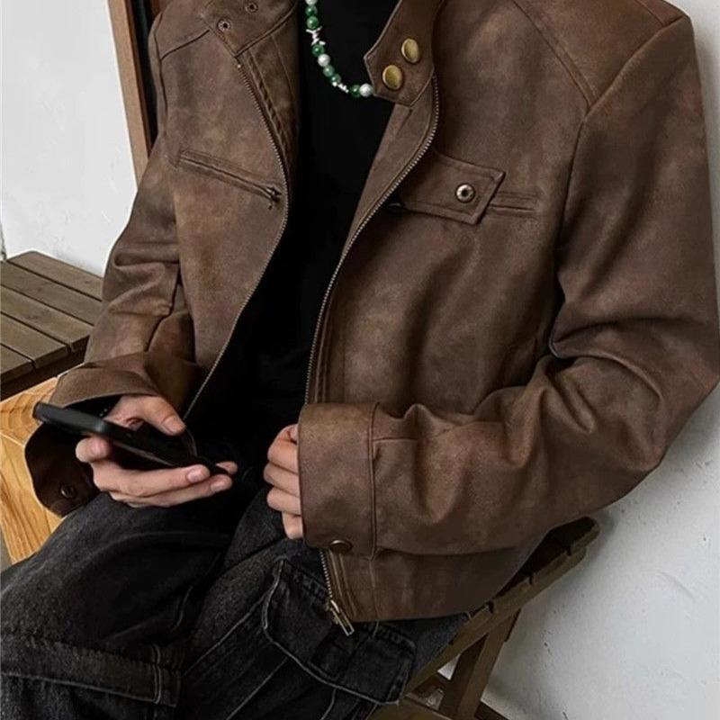 

Американская коричневая куртка из искусственной кожи мужская весенне-осенняя хулиганская красивая куртка высокого класса в стиле локомотив короткая куртка-бомбер со стойкой воротником 3XL коричневый