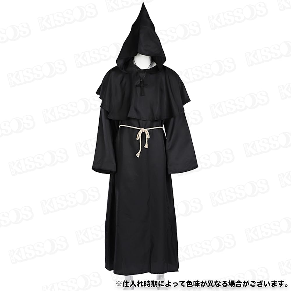 KISSOS Cosplay Costume, Long Robe, Wizard, Monk, Priest, Pastor, Halloween Costume, Party Costume, 4-Piece Set (Size M, Black)