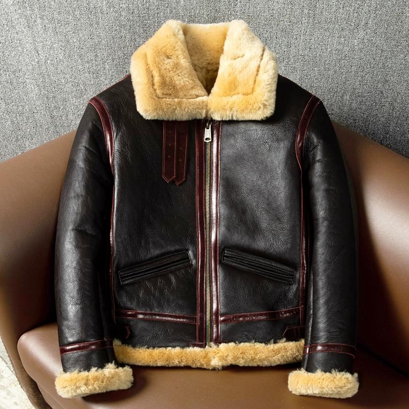 

Утепленная зимняя одежда B3 с теплым лацканом, из натуральной кожи с мехом, интегрированная овчина, мужская куртка из натуральной кожи, кожаная куртка в стиле ретро, шерстяная куртка 3XL черный коричневый
