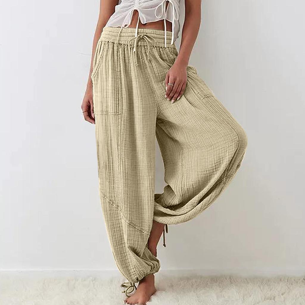 Women Harem Pants Summer Casual Vintage Cotton Linen Pants Elastic Waist Wide Leg Fashion Loose Pockets Female Trousers