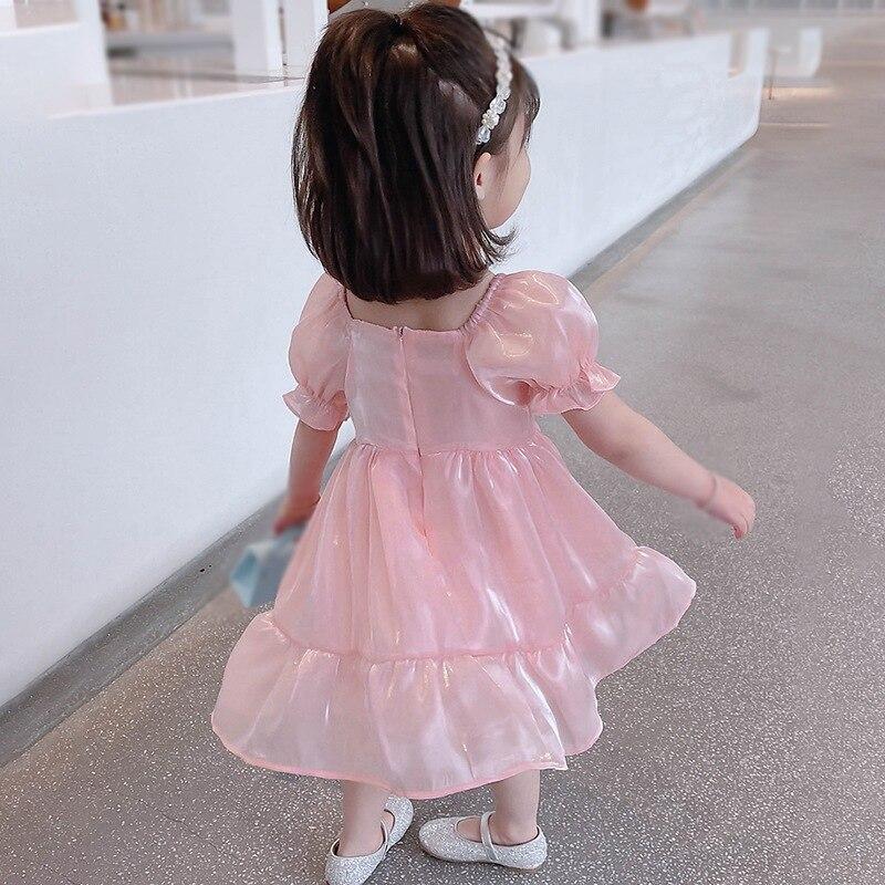Summer Girls Pure Color Square Neck Puff Sleeve Princess Dress