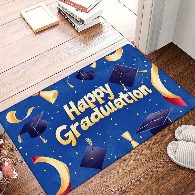 

1pc Graduation Celebration Doormat - 0.47inch Thick Flannel Non-Slip Machine Washable Floor Mat with Blue Happy Graduation Desig 40cm x 60cm