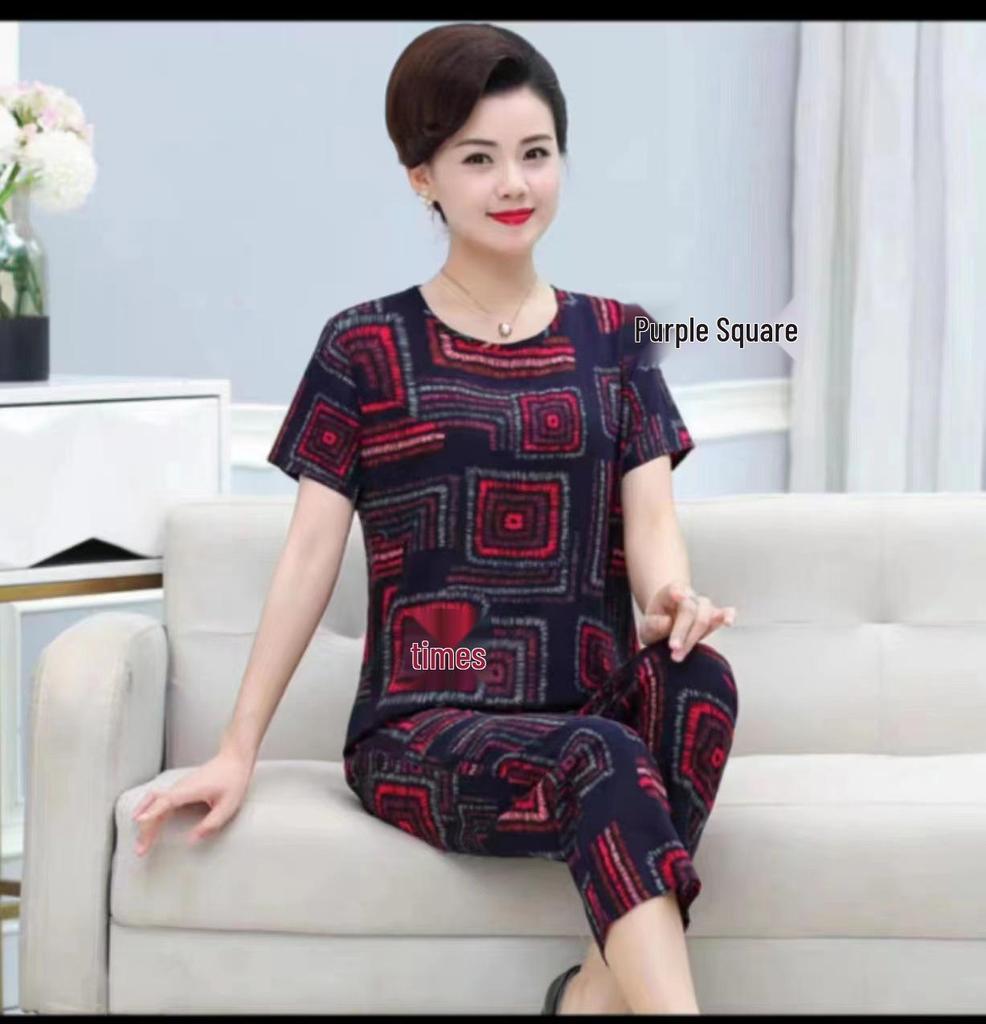 Women's Plus Size Ice Silk Pajama Set: Casual Short Sleeve Two-Piece for Middle-aged and Elderly Moms