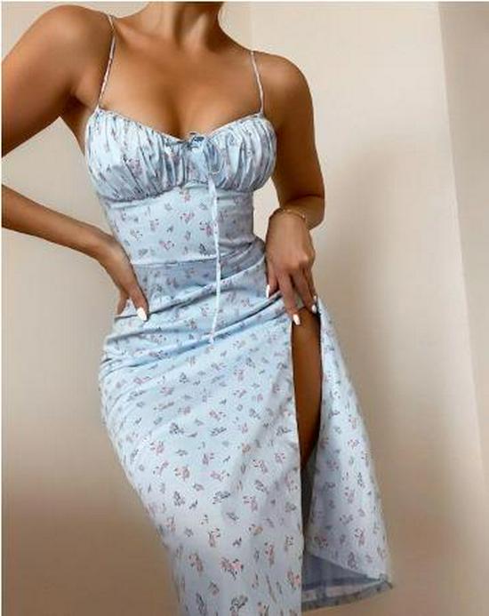 European & American Summer Floral Print Ruched Tie-Up Slit Camisole Dress