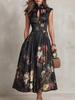 Women's Sleeveless Black Digital Print Long Dress with 3D Flowers