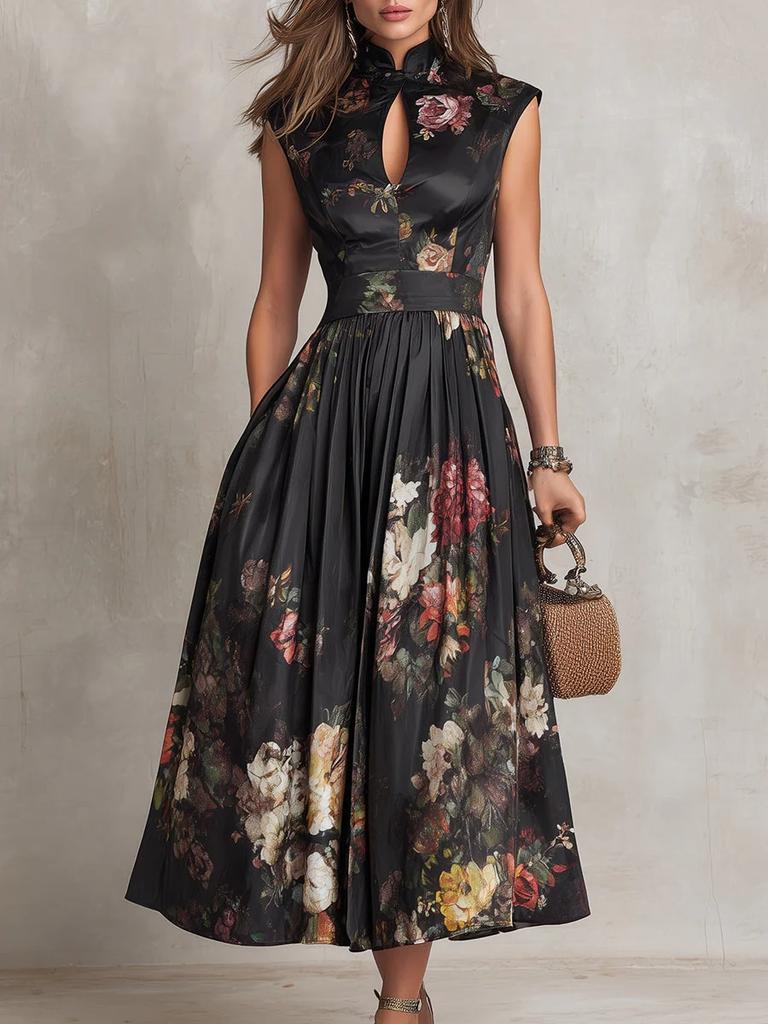 Women's Sleeveless Black Digital Print Long Dress with 3D Flowers