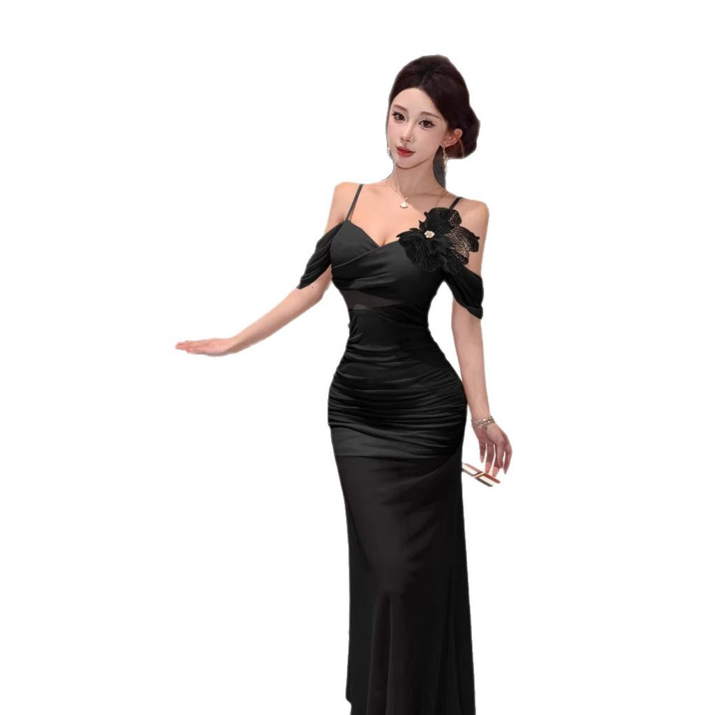 French Sexy Off-the-shoulder Mesh Suspender Dress Retro High-waisted Temperament Slim-fitting Pleated and Thin Long Hip-wrapped Skirt