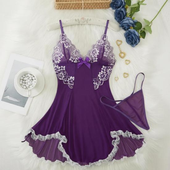 Plus Size Sexy Babydoll Nightdress for Women, V Neck Lace Sheer Mesh Nightgown, Spaghetti Strap Chemise Slip Dress with Thong