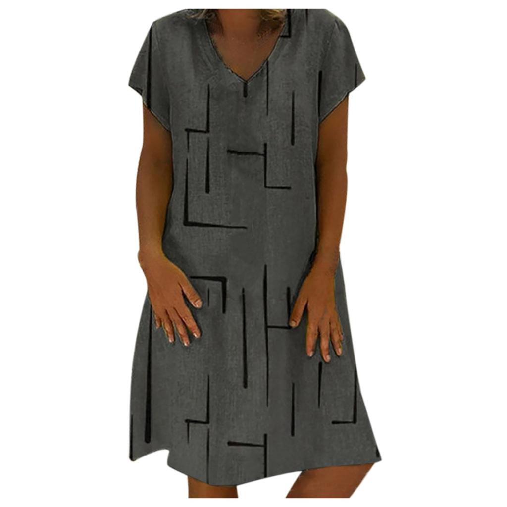 Folded Line Printing Loose Pullover Princess Dress V-neck Ladies Dress