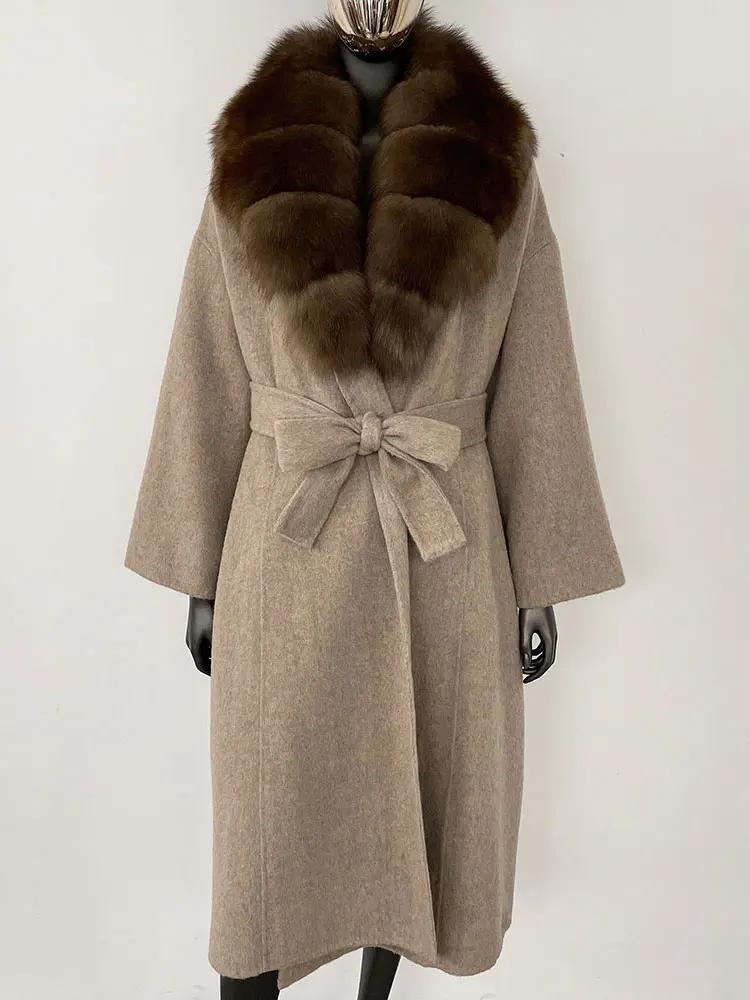 OFTBUY Kabát z pravé kožešiny 2024 Nadměrný dámský svrchní oděv Zimní dámská bunda s límcem z přírodní liščí kožešiny Kapuce Kašmírová vlněná směs Kabát