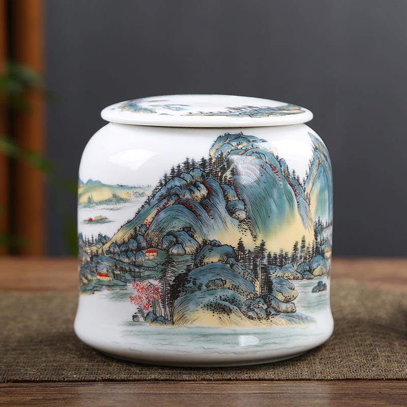 Ceramic tea jar landscape painting general purpose jar coffee food moisture-proof sealed storage jars white porcelain tea can