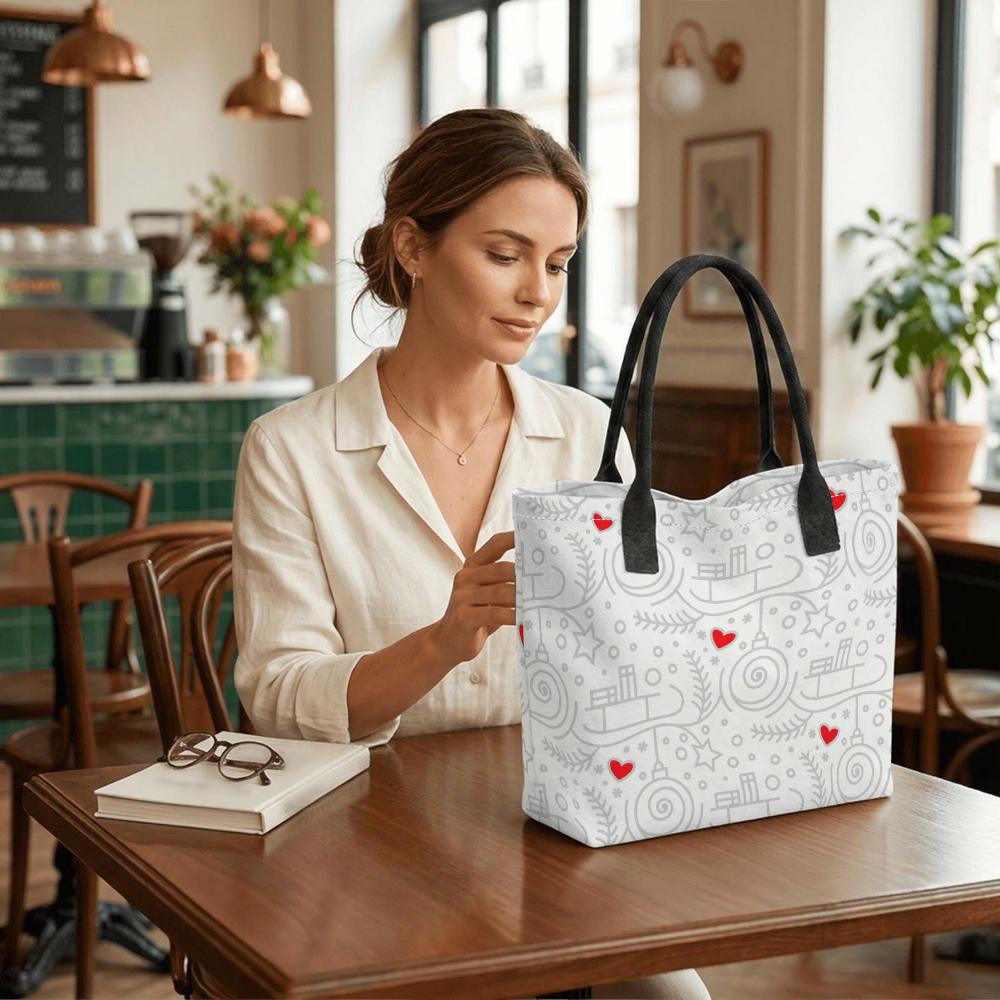 Christmas Pattern Tote Bag Cute Heart Printed Canvas Shoulder Bag for Daily Shopping Travel Lightweight Portable Handbag