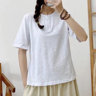 Summer Casual Simple TShirts All Match Short Sleeve Pullover Loose Solid Color Button Women Tops