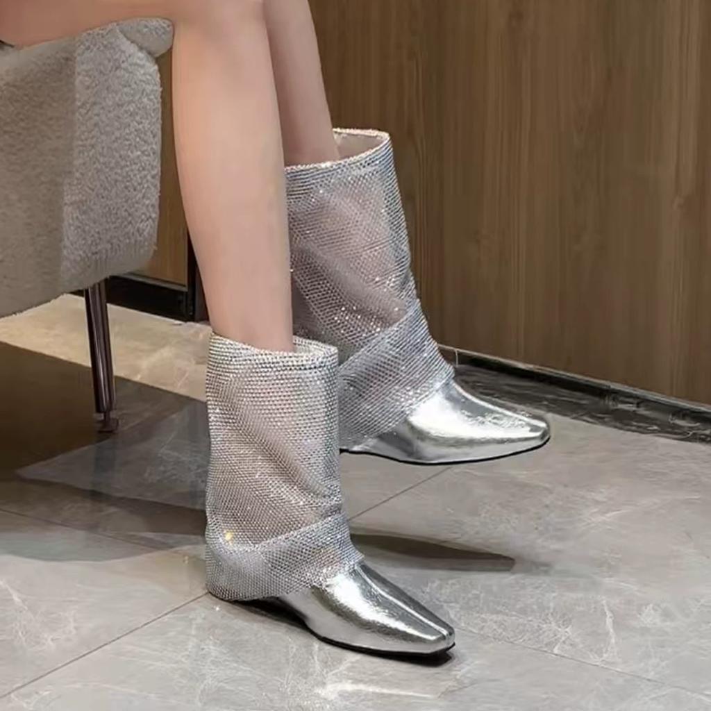 Hochwertige atmungsaktive Mesh-Mode-Stiefel für Damen – Neuer französischer Stil Elegante vielseitige kurze silberne Stiefel, Trendige Mesh-Stiefel