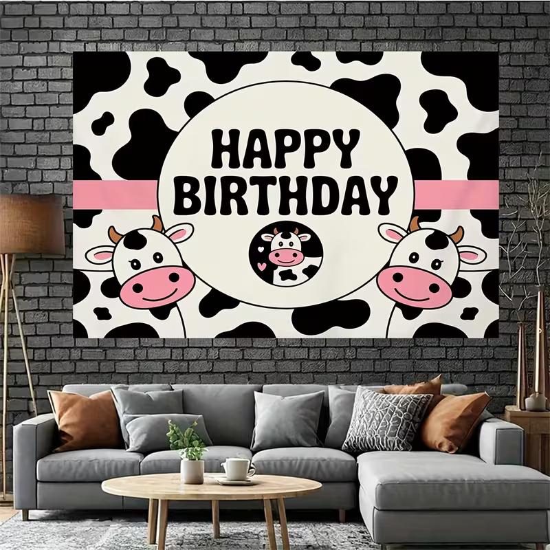 2D Flat Printing Cow Pattern Happy Birthday Backdrop for Girls Boys Birthday