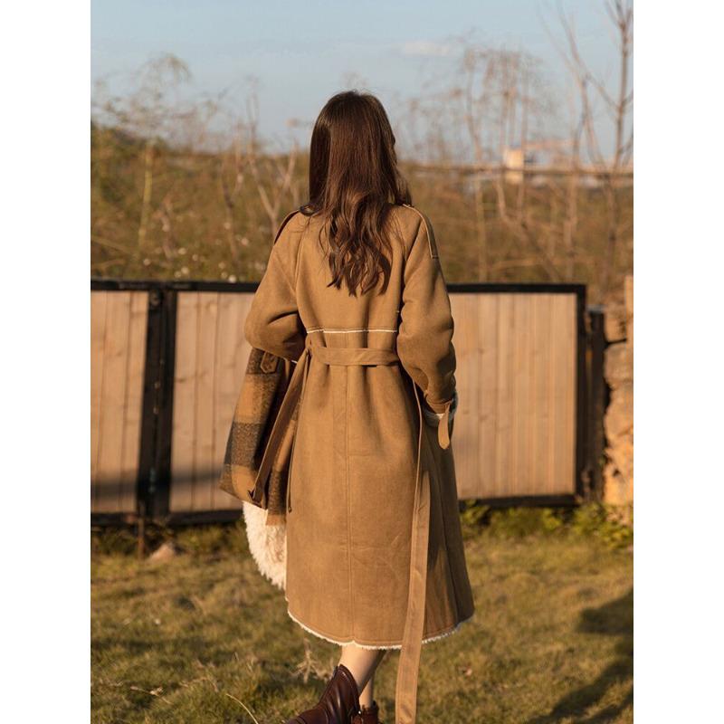 Woll-Trenchcoat Pelzmantel Schafschur Langer Mantel Damen Herbst und Winter Neu