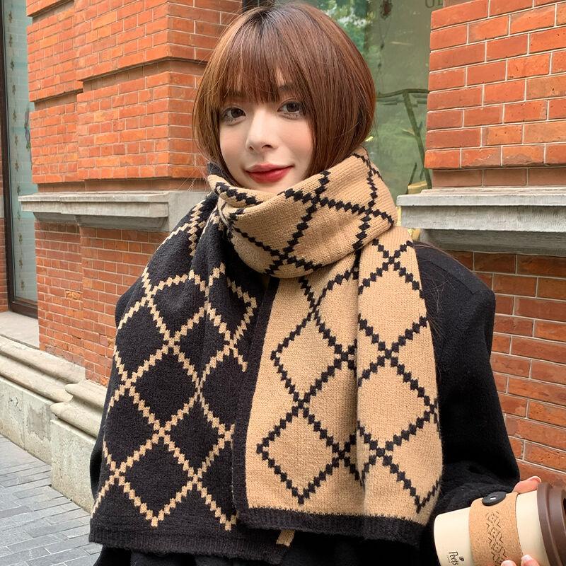 Scarf for Girls New Winter Double Sided Versatile High-end Warm and Thickened Wool Knitted Plaid Scarf Trendy