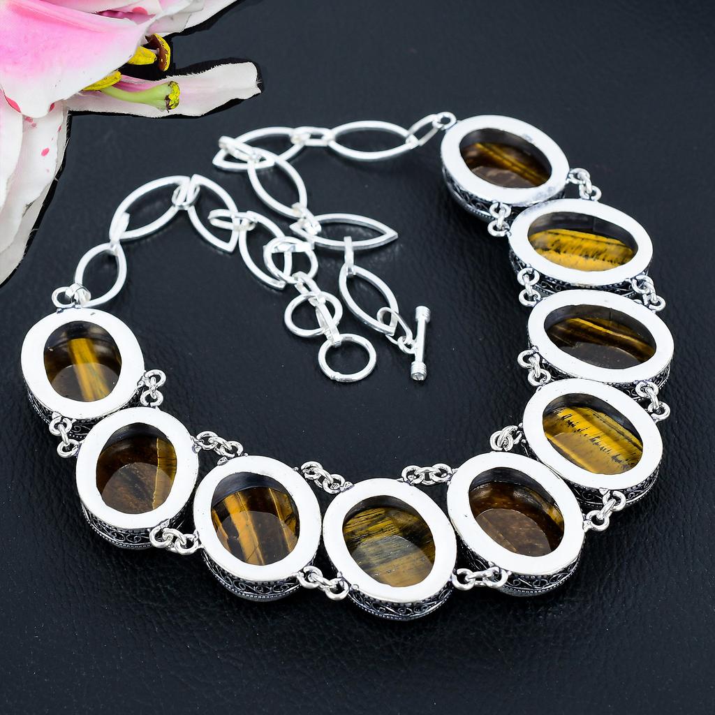 Tiger Eye Gemstone Handmade 925 Sterling Silver Jewelry Necklace 18" KG-1648