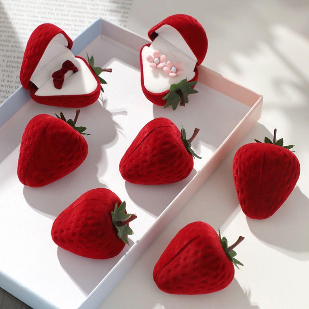 New Flocking Plastic Strawberry Ring Box Red Pink Romantic Organizer Ring Holder Gift Boxes Engagement Ring Case Ring&Earrings