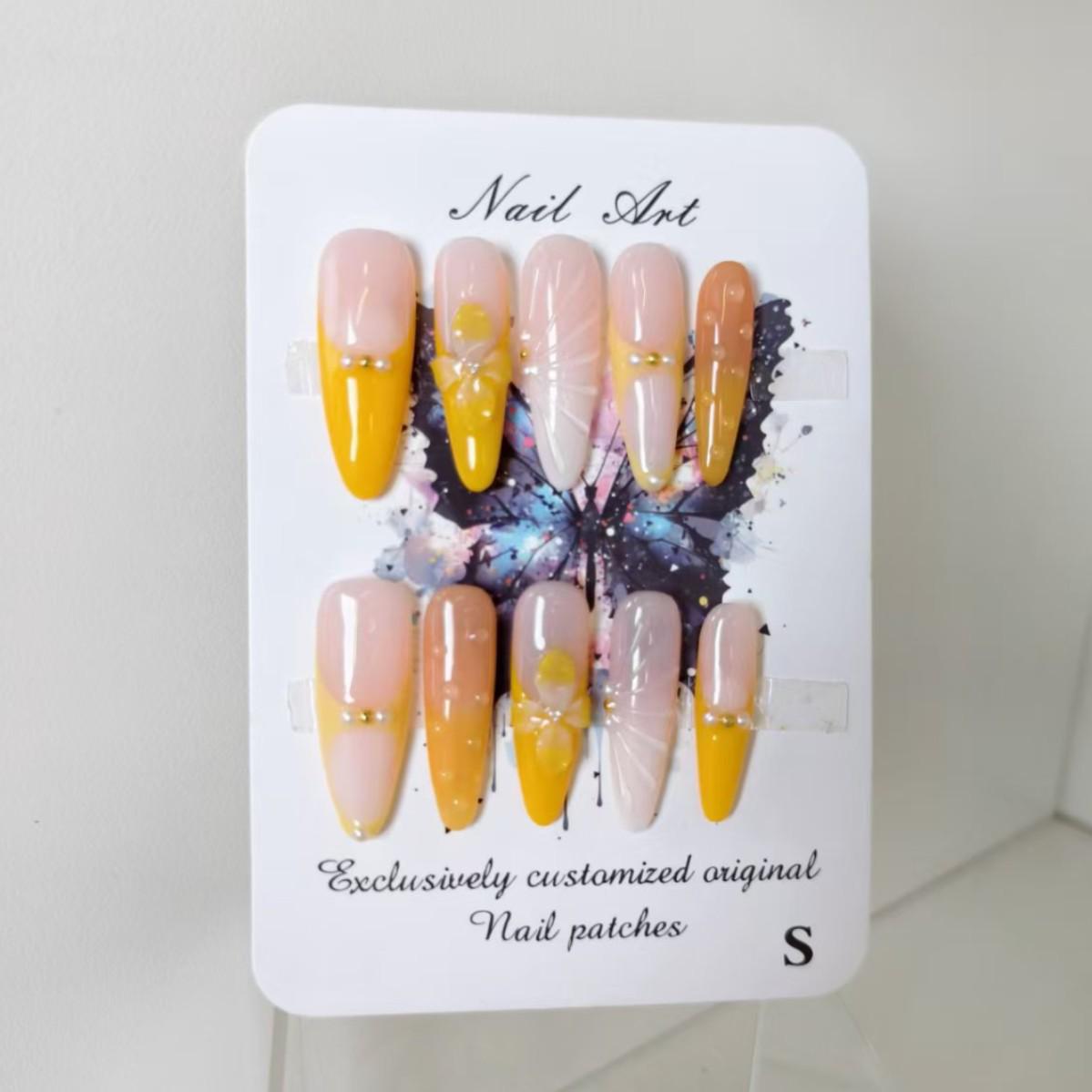 Hand-Painted 3D Ice Flower Yellow French Style Wearable Nails Small