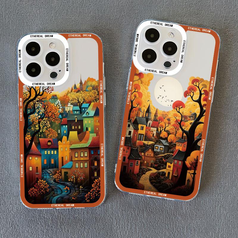 Leaves Autumn Forest House Clear Phone Case for iPhone 12 13 11 14 15 Plus Pro Max X XS XR 7 8 SE 2020 Transparent Phone Cover