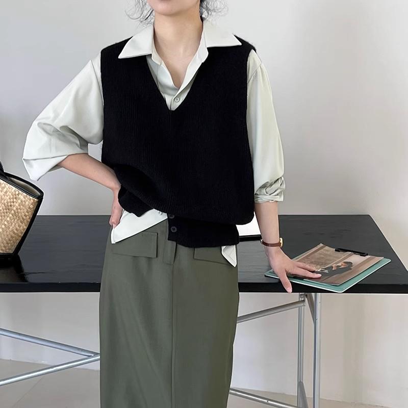 Damska kamizelka swetrowa bez rękawów z rozcięciem dekoltu w serek, dziergana kamizelka damska wiosenna nowa wersja koreańska