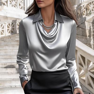 Women Shirt Lapel Swing Collar Long Sleeve Shirt Solid Color Smooth Satin Loose Fit Shirt Tops Daily Wear