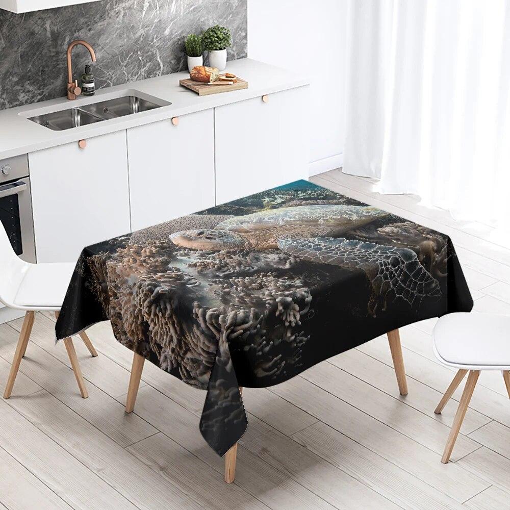 Cute Sea Turtle Underwater World Tablecloth Camping  Party Restaurant Table Decoration Waterproof Kitchen Home Decor