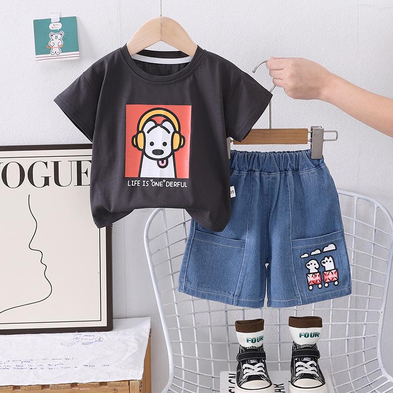 

Детский комплект с короткими рукавами для детей от 0 до 5 лет Футболка с круглым вырезом и рисунком для мальчиков Повседневный комплект из двух предметов Джинсовые шорты XXL серый