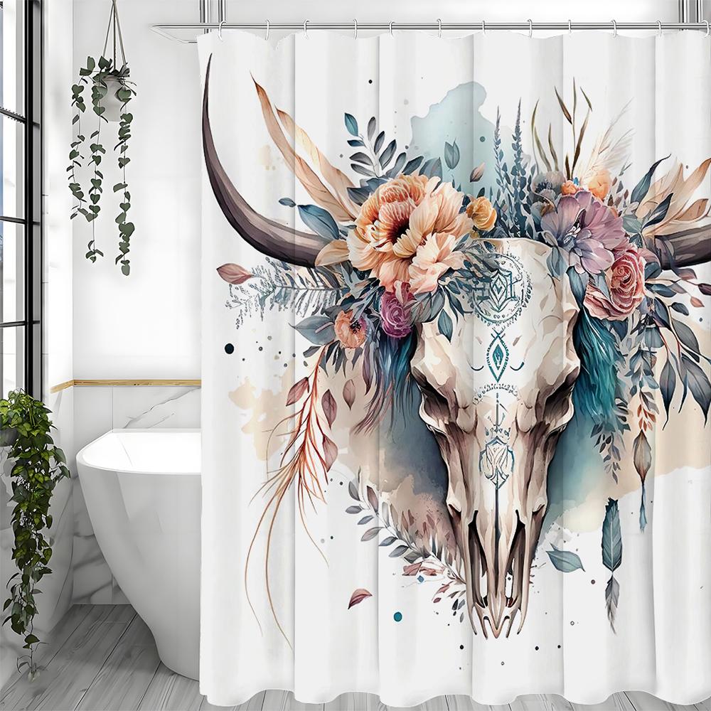 Cow Head Floral Shower Curtain, Bathroom Decorative Shower Curtain, Waterproof Shower Curtain with Hooks