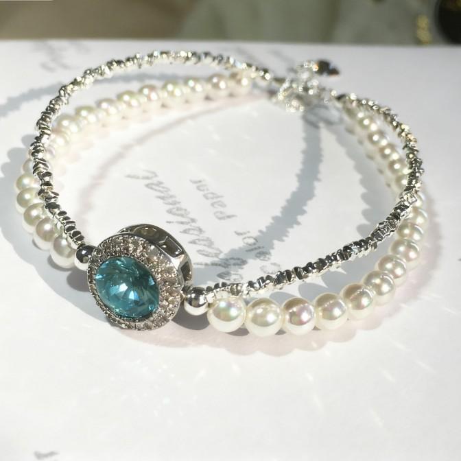 New sea blue pearl and silver double-layer bracelet for women, cat-eye casual style, gift for girls and best friends, live stream jewelry