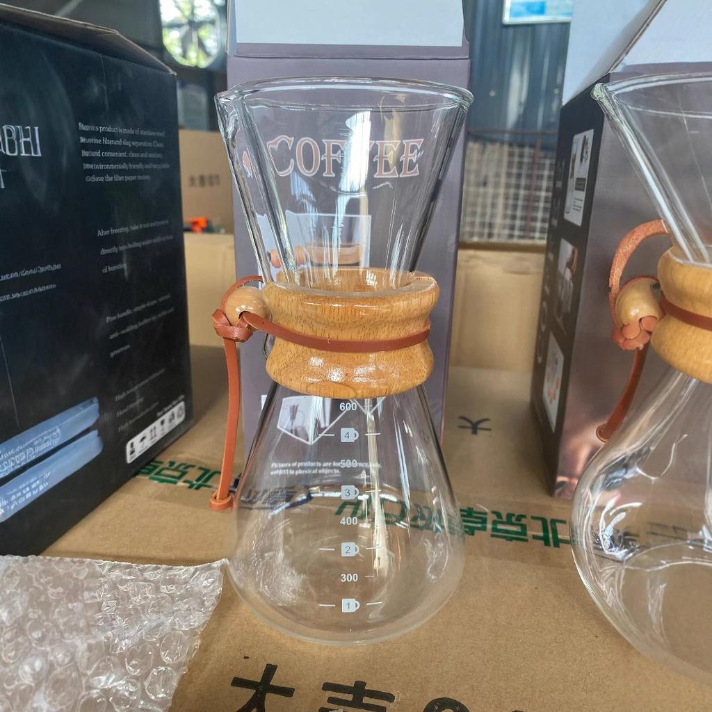 Transparent Glass Coffee Pot, Wood Chips Anti-scalding Hand Flushing, Coffee Sharing Pot with Scale