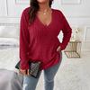 2025 Women's Solid Color V-Neck Long Sleeve Anti-Pilling Brushed Top for Autumn and Winter