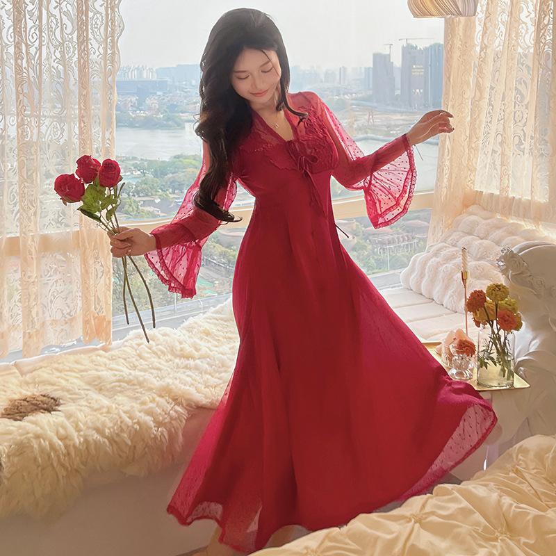 New sexy pajamas women's ice silk summer lace long dress French fairy style can be worn outside loungewear