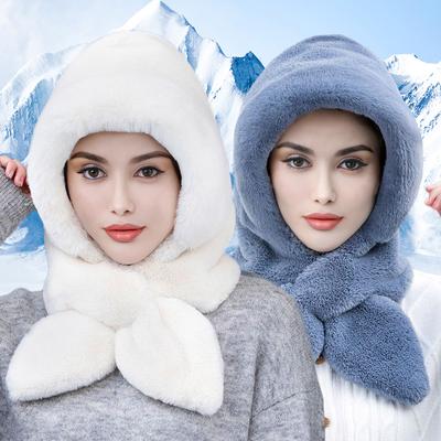 1PC Thick Ear Protection Windproof Outdoor Women Winter Faux Fur Hat Hooded Scarf Scarves