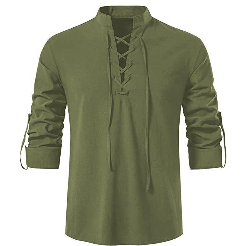 Mens Pirate Shirt Viking Retro Renaissance Medieval Gothic Victorian Halloween Costume Casual Cotton Linen Lace Up Hippie Shirts