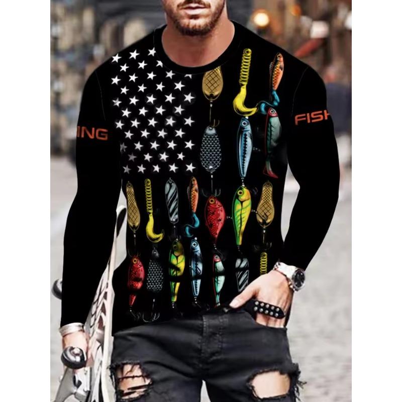 Men's O Neck Long Sleeves Full Body Fish Pattern Moisture Absorption Quick-Drying Fishing Hiking Bicycles Sports 3D T-Shirts