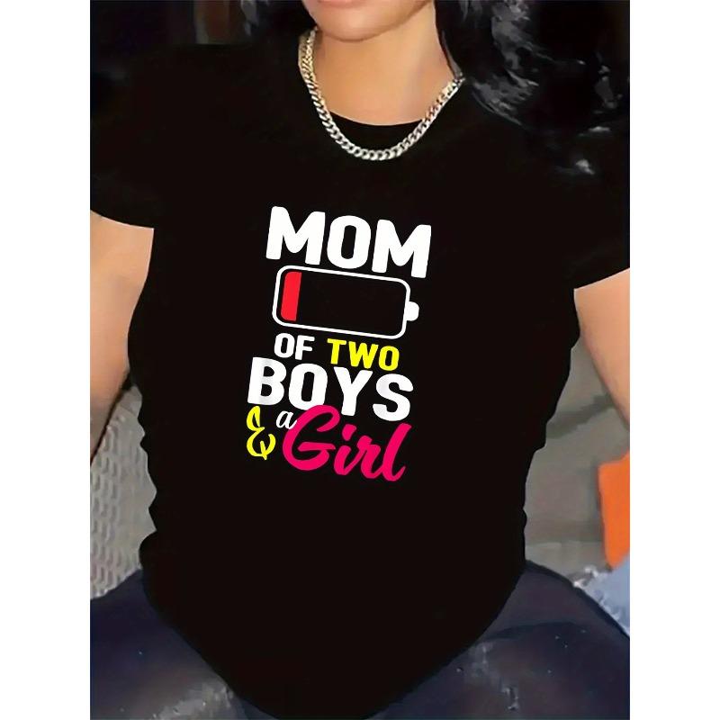 

European Size Mom of Two & a Black and White Polyester Short Sleeve T-Shirt - Durable Comfortable Fabric, Stylish Graphic Print, Day 4XL