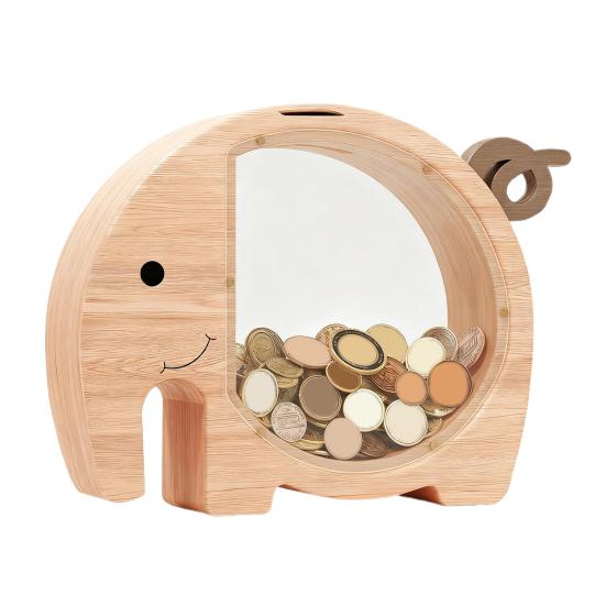 Wooden Elephant Piggy Bank Kids Coin Bank Savings Jar with Transparent Window Cute Unbreakable Money Box Birthday Gift for Boys Girls