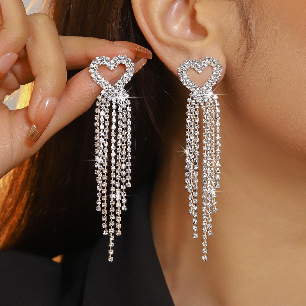 High-end sparkling rhinestones Long fringed earrings, slightly zircon earrings, copper earrings