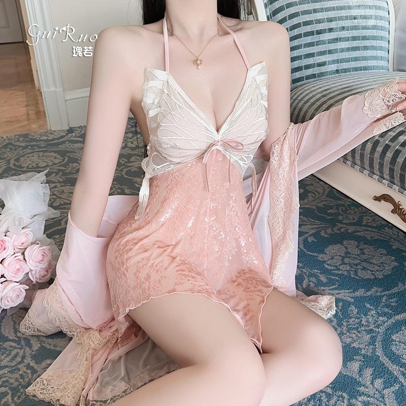 Women's Butterfly Padded Backless Sleep Dress with Robe Lounge Set